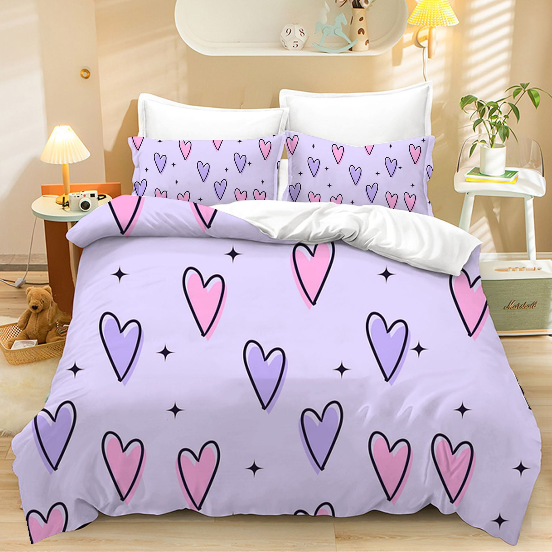 Couple Hearts Duvet Cover Set Queen Size,Bedding Set Love Heart Pattern