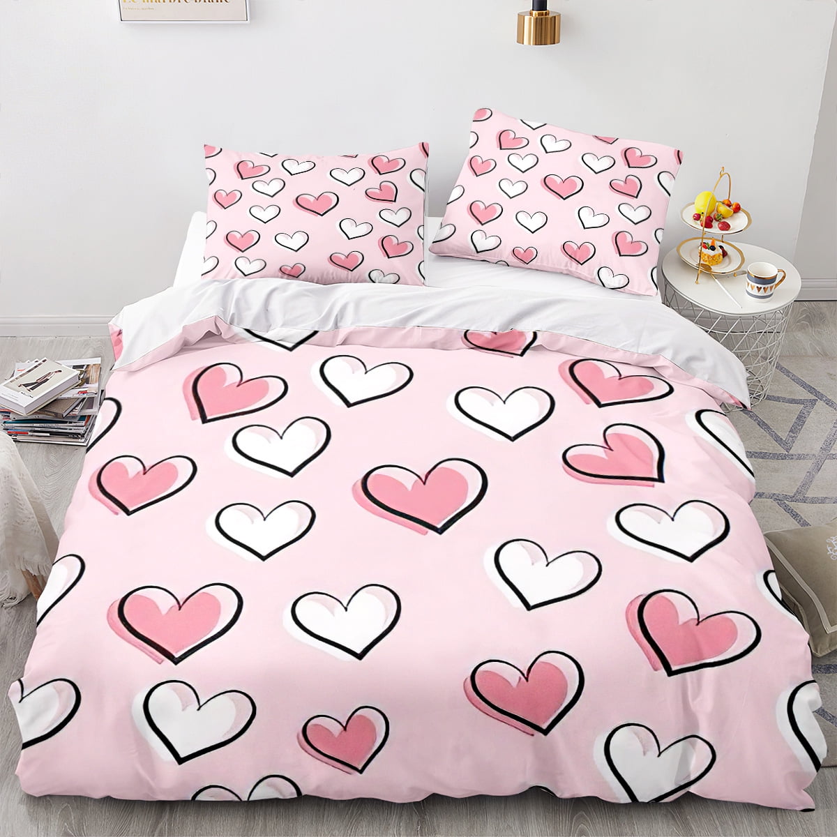 Couple Hearts Duvet Cover Set Queen Size,Bedding Set Love Heart Pattern