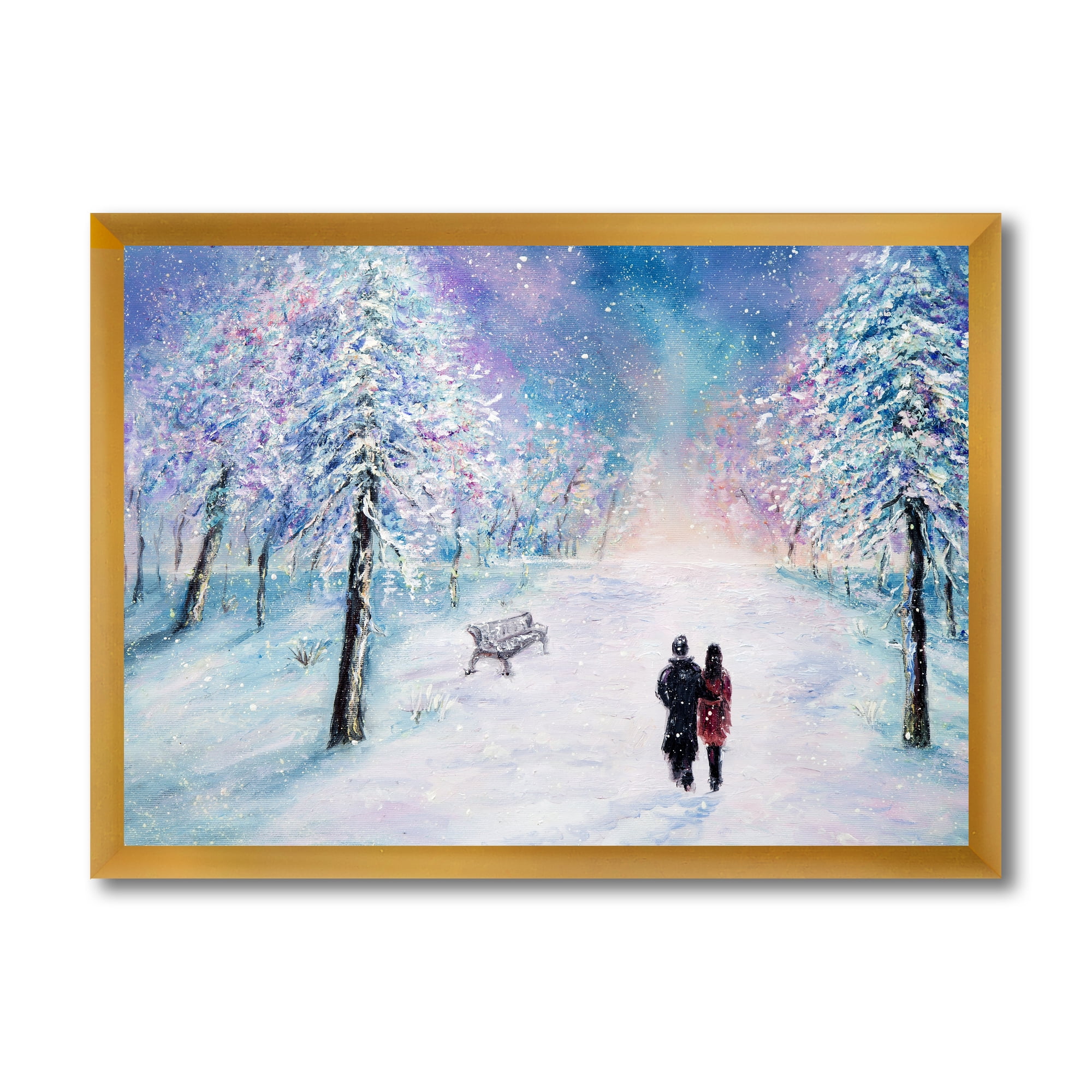 Couple In Love Walks During Snowy Winter Times 32 in x 16 in Framed Painting Canvas Art Print, by Designart