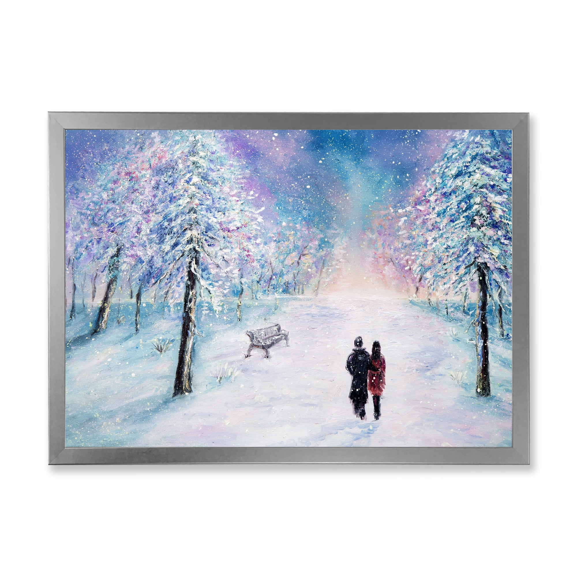 Couple In Love Walks During Snowy Winter Times 40 in x 30 in Framed Painting Canvas Art Print, by Designart