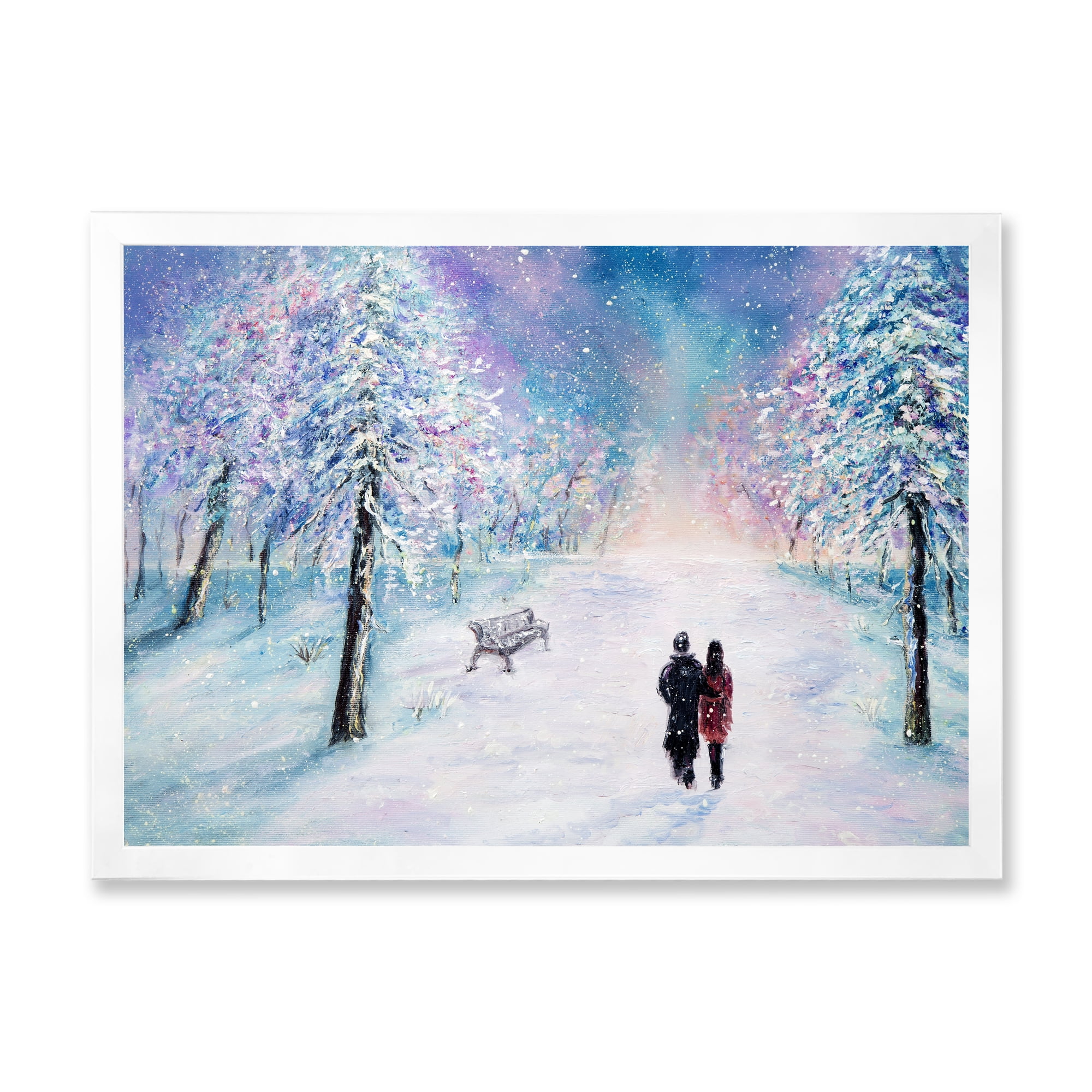 Couple In Love Walks During Snowy Winter Times 40 in x 30 in Framed Painting Canvas Art Print, by Designart