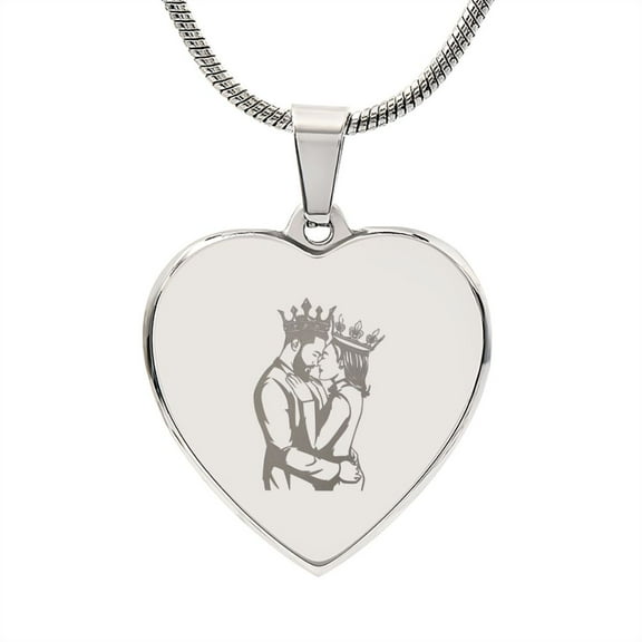 Couple King Queen Engraved Heart Necklace Stainless Steel or 18k Yellow Gold Finish 18-22" Chain