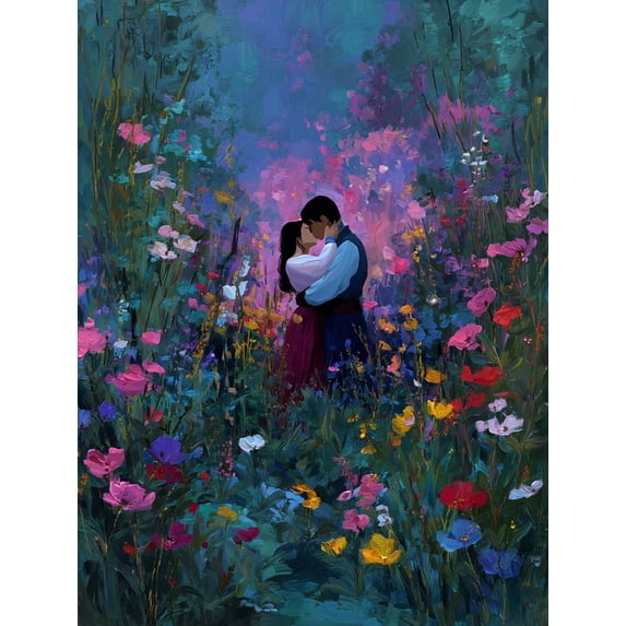 Couple Kiss Flower Field Romantic Canvas Wall Art, Love Scenery Print for Living Room, Bedroom and Home Gift Decor