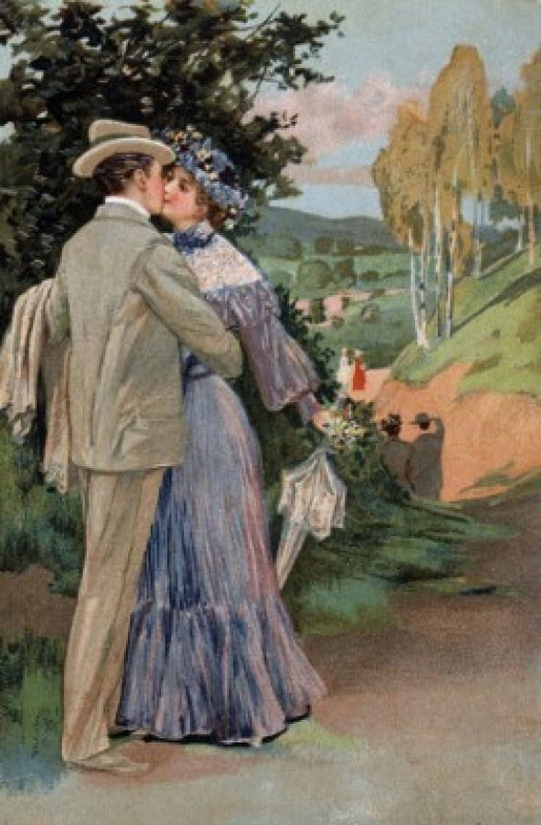Couple Kissing Along A Path c1900 Nostalgia Cards Color Lithograph Canvas Art - (18 x 24)