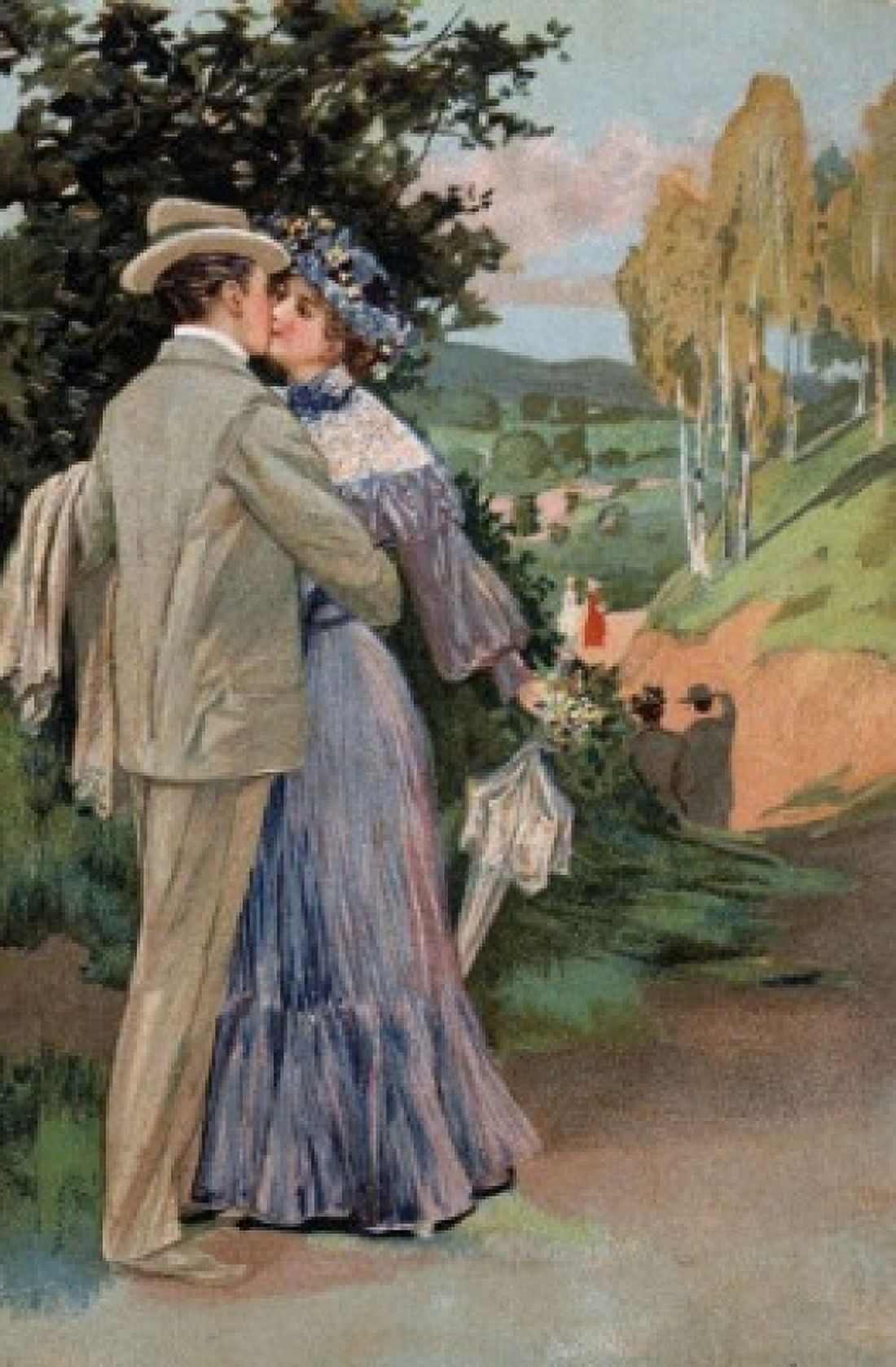 Couple Kissing Along A Path c1900 Nostalgia Cards Color Lithograph Canvas Art - (24 x 36)