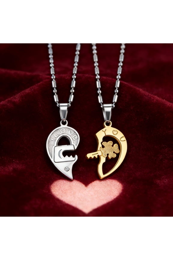 Couple Lock and Key Necklaces Set, Matching Heart Pendant Jewelry for Couples, BFF's Gift for Valentine's Day, Anniversary, and Special Occasions