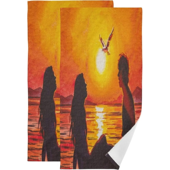 Couple Man and Woman Kitchen Hand Towels 2 PCS, Ocean Beach Sunset Fingertip Bath Towels Ultra Soft and Highly Absorbent, Decorative Face Towels Dish Washcloths, 28.3"x14.4"