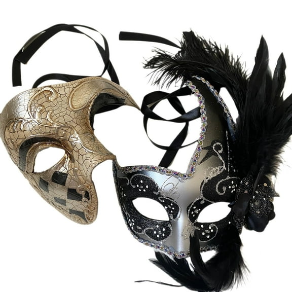 Couple Masquerade Feather Phantom of the Opera Mask Pair Cosplay Mardi Gras Prom Dance Birthday Halloween Party Wear or Deco MASQ