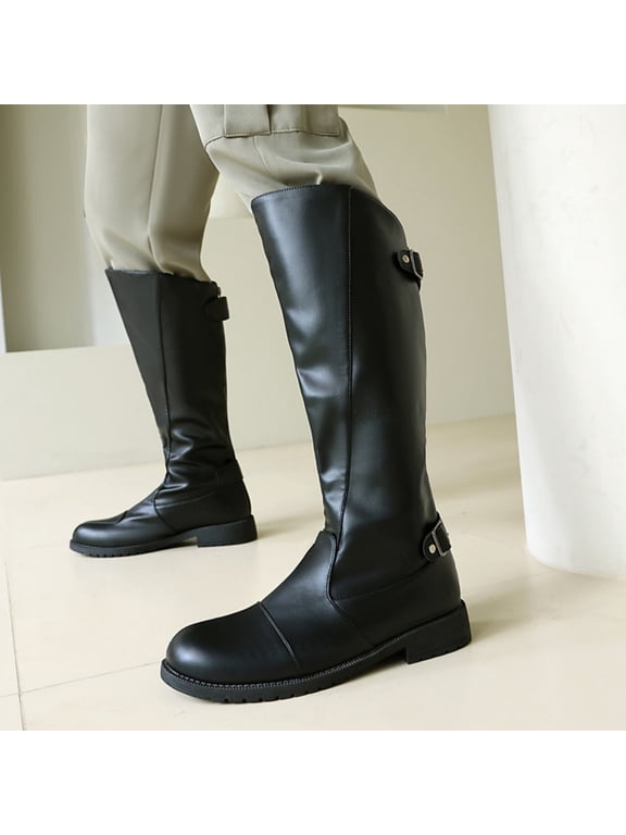 Couple Matching Back Buckle Wide Calf Knee High Riding Boots, Low Block Heel Split Cap Toe Smooth Leather Tall Boots for Fall Winter Casual Outfits Black 43