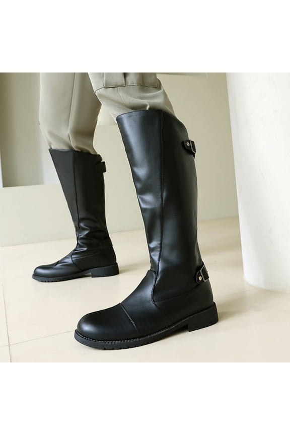 Couple Matching Back Buckle Wide Calf Knee High Riding Boots, Low Block Heel Split Cap Toe Smooth Leather Tall Boots for Fall Winter Casual Outfits Black 44