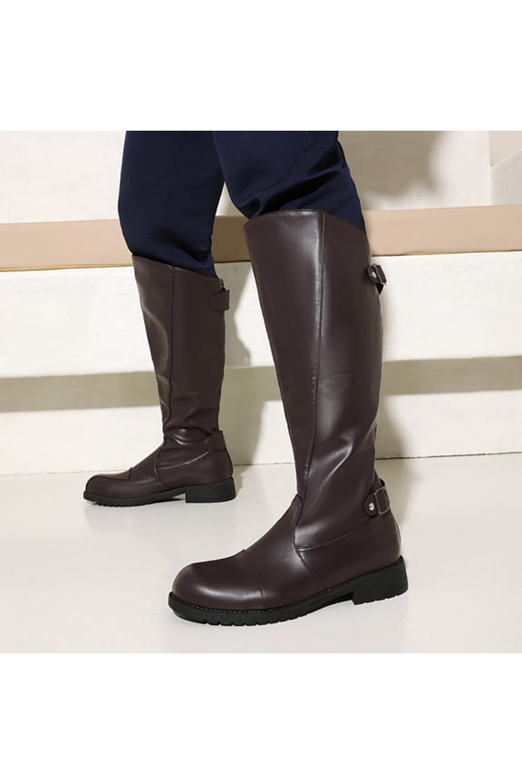 Couple Matching Back Buckle Wide Calf Knee High Riding Boots, Low Block Heel Split Cap Toe Smooth Leather Tall Boots for Fall Winter Casual Outfits Brown 47
