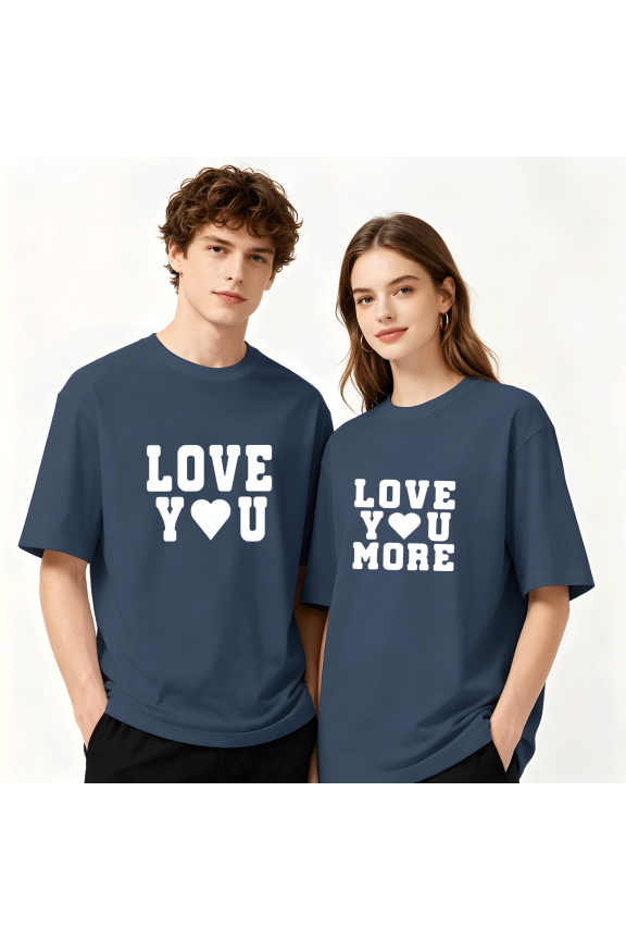 Couple Matching Cotton T-Shirt Set "Love You Love You More" Navy Blue Crewneck Tees Men-M