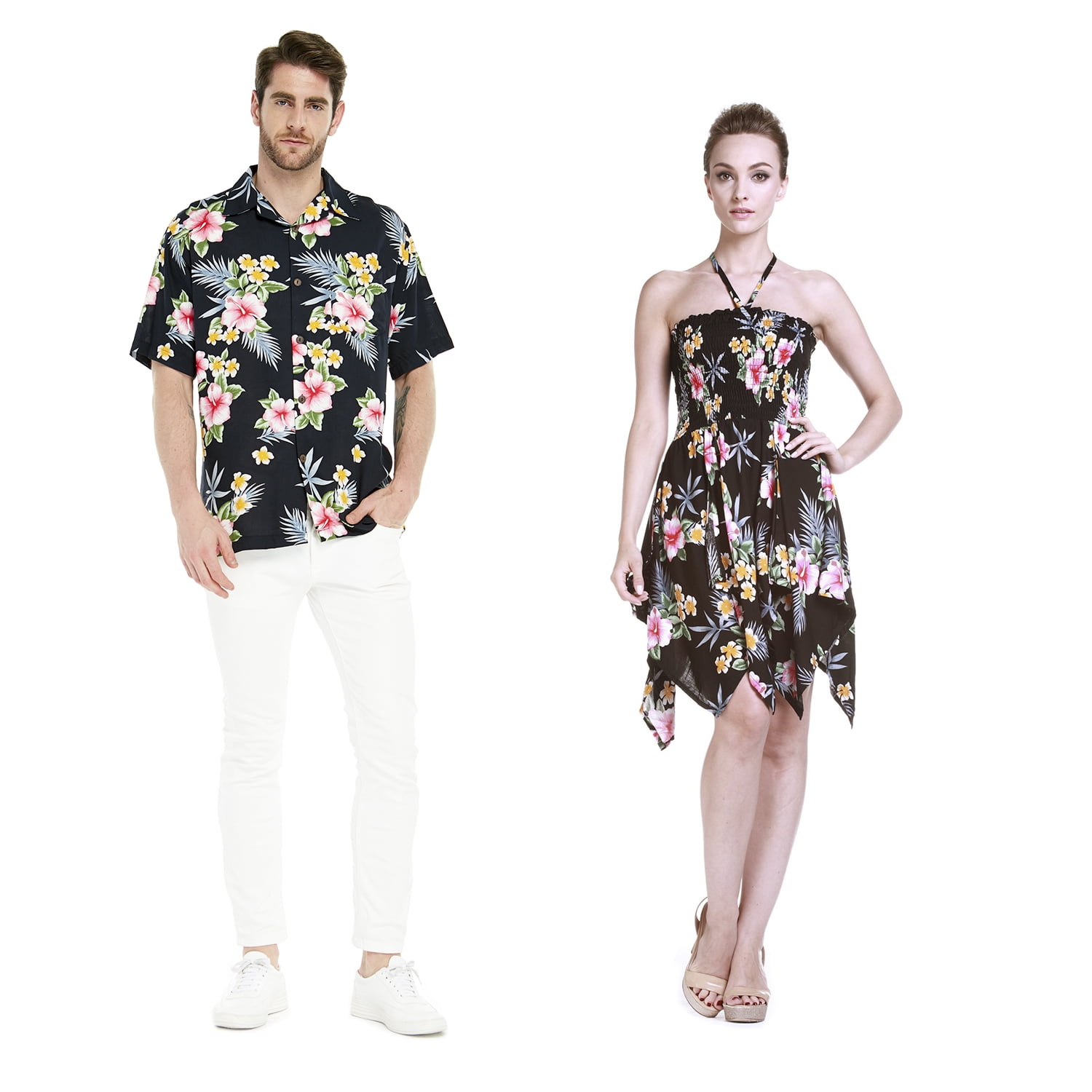 Couple Matching Hawaiian Luau Party Outfit Set Shirt Dress in