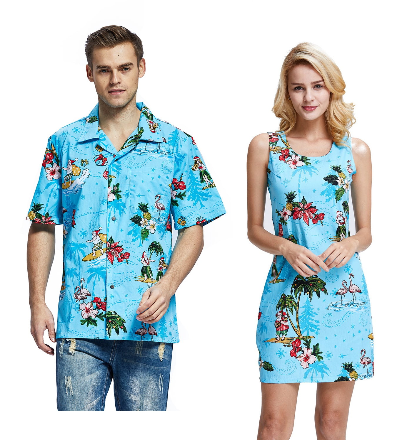 Couple Matching Hawaiian Luau Cruise Christmas Outfit Shirt Dress Santa