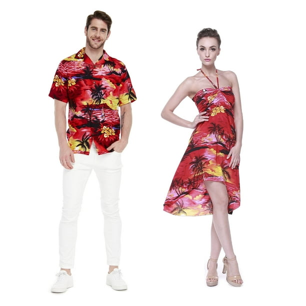 Couple Matching Hawaiian Luau Party Outfit Set Shirt Dress in Sunset Red Walmart Business Supplies