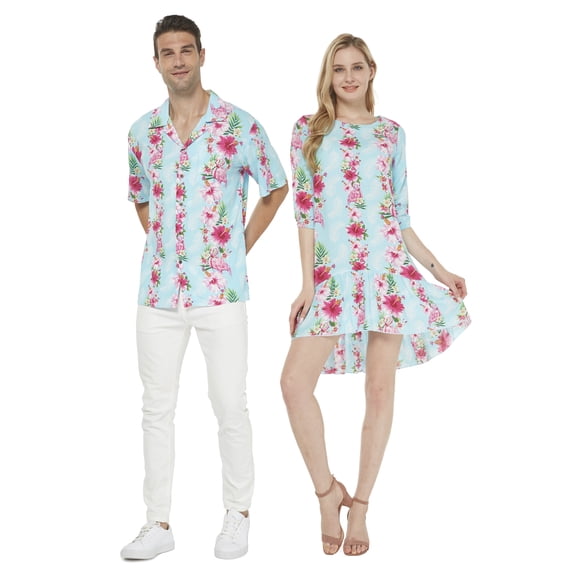 Couple Matching Hawaiian Luau Shirt 3/4 Sleeve Ruffle Dress in Pink Hibiscus Vine