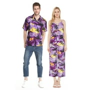 Couple Matching Hawaiian Luau Shirt Jumpsuit in Hibiscus Blue