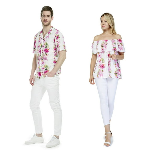 Couple Matching Hawaiian Luau Shirt Off-Shoulder Top in Pink Black Hibiscus Vine