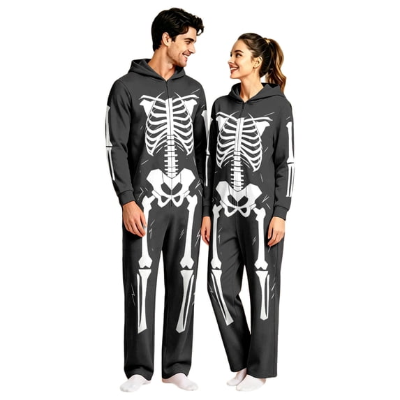 Couple Matching Hooded One‑Piece Jumpsuit, Adult Halloween Full Skeleton Print Long Sleeve Casual Home Wear