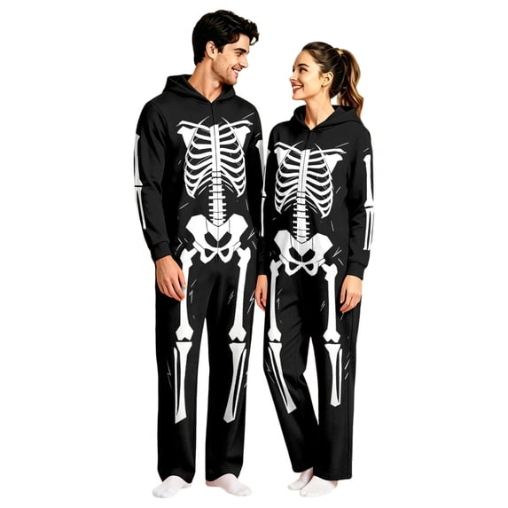 Couple Matching Hooded One‑Piece Jumpsuit, Adult Halloween Full Skeleton Print Long Sleeve Casual Home Wear