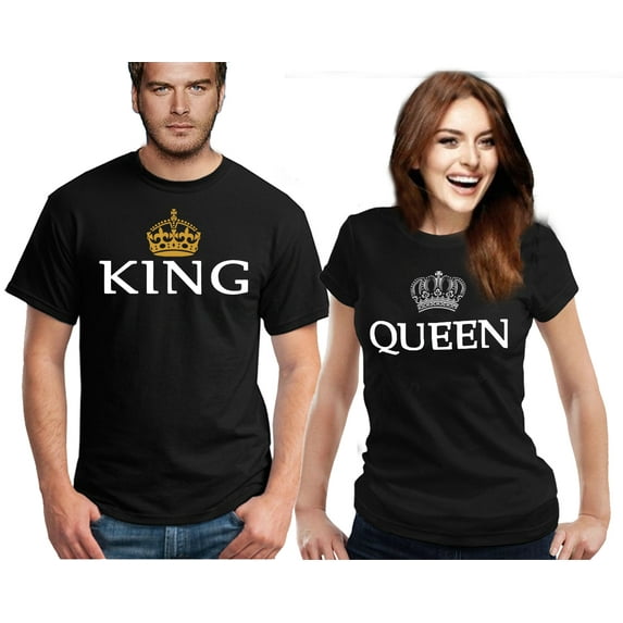 Couple Matching King & Queen Crown Classic Logo Black Tshirt, Men-XL & Women-S