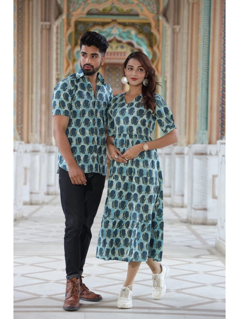 Couple Matching Outfit Set  Blue Leaf Print Dress & Shirt Combo -  Walmart.com