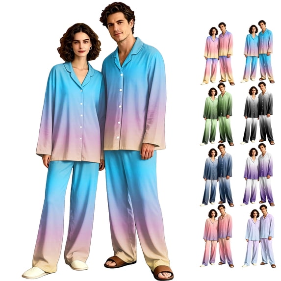 Couple Matching Pajamas Button Down Gradient Sleepwear His and Her Matching Pajamas Long Sleeve Soft Lounge Sets 2 Pcs Loungewear Light Blue L