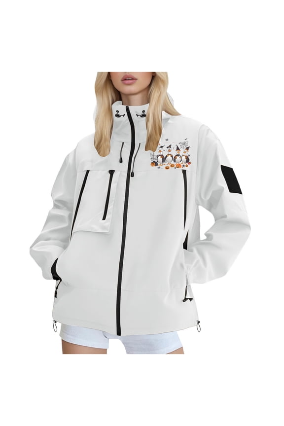 Couple Matching Windbreaker Rain Jacket Lightweight Water Resistant Coat with Hood, Casual Cute Penguin Print Jacket for Women Men, Outdoor Hiking Camping Travel Jacket White