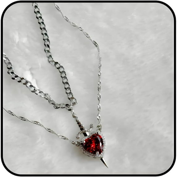 Couple Necklace, 2 Piece Gold Silver Layered Heart Sword Pendant Necklace Vintage Moissanite Necklace Christmas Anniversary Birthday Jewellery Couple Gift