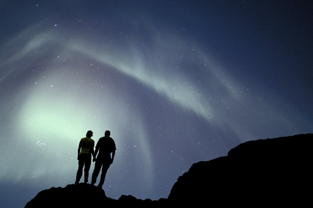 Couple On Ridge Viewing N Lights Chugach Sp Sc Ak Late Summer Composite Canvas Art - Michael DeYoung Design Pics (34 x 22)