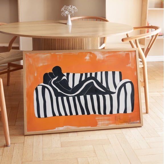 Couple On Striped Couch Art Print Minimalist Love Scene Home Decor Office Wall Art