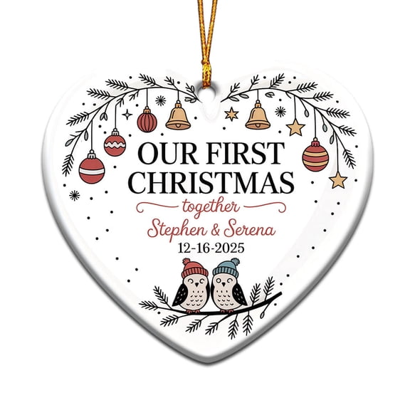 Couple Owl Ceramic Hanging Christmas Ornament 2025, 1st Christmas Together Gift for Couples, Customized Name & Date, Heart Christmas Ornament, Xmas 2025 Keepsake, Keepsake Gift
