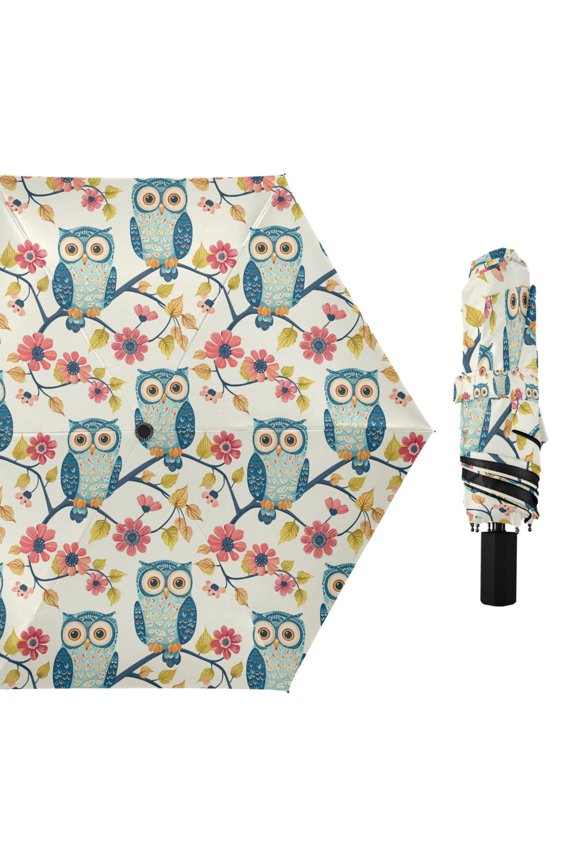 Couple Owls on Branch Compact Sun Umbrella Windproof Travel Umbrellas for Rain Strong Portable UV Protection