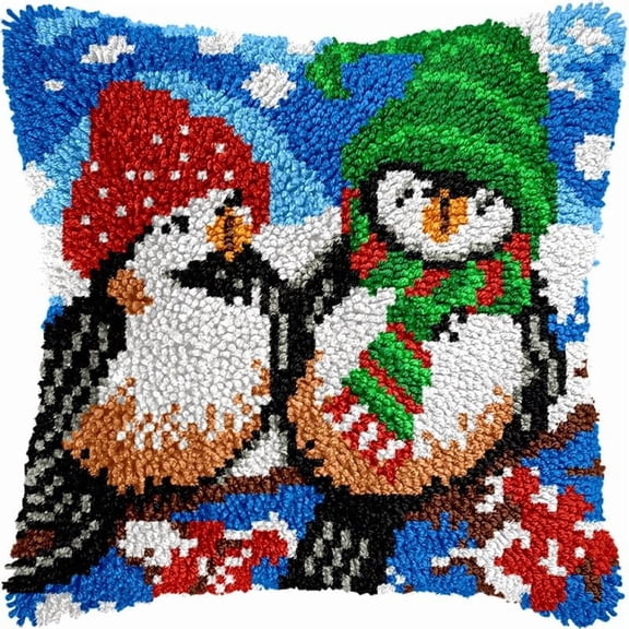 Couple of Penguin Latch Hook Pillow Kits Pillow Cover Pattern PrintedCanvas Crochet Cross Stich Hooking Pillowcase Cushion Crafts Embroidery Latch Hooking Crochet Kits Set 17x17 inch(104)