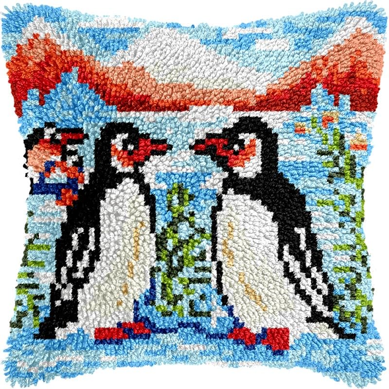 Couple of Penguin Latch Hook Pillows Kits Cushion Pillow Cover with Pattern Printed Canvas Sofa Hooking Pillowcase Crafts Embroidery Latch Hooking Crochet Kits Set 17x17 inch(1)