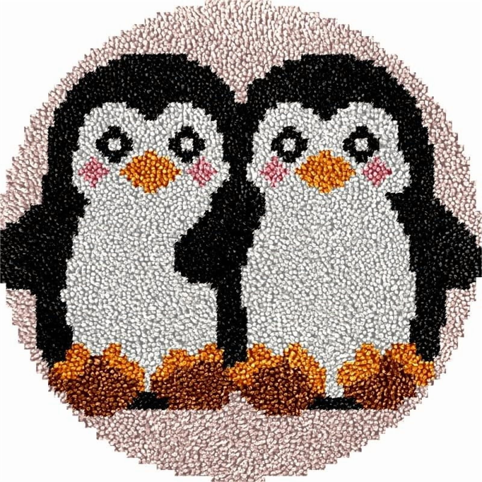 Couple of Penguins Round Shape Latch Hook Rug Kits Set for Starter Crochet Hook Cushion Mat Sofa Seat Cushion Crocheting Kits with Preprinted Canvas Crochet Yarn Kits 50X50cm (ui167)