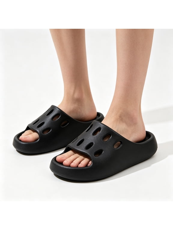 Couple Quick‑Dry Non‑Slip Thick‑Sole Bathroom Slippers, Vent Perforated Open‑Toe House Slides With Drainage Holes For Men Women Indoor Shower Home Wear Black