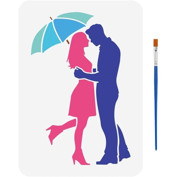 Couple in The Rain Stencil with 1 Pc Plastic Paint Brush 8.3x11.7 inch Couple Hugging Drawing Template Couple Holding Umbrella Stencils for Painting on Wood Wall Fabric Furniture