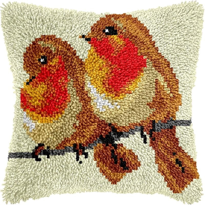 Couple of Red-bellied Birds Latch Hook Pillow Kits Pillow Cover with Pattern Printed Canvas Crochet Cross Hooking Pillowcase Cushion Crafts Embroidery Latch Hooking Crochet Kits 17x17 inch(15)