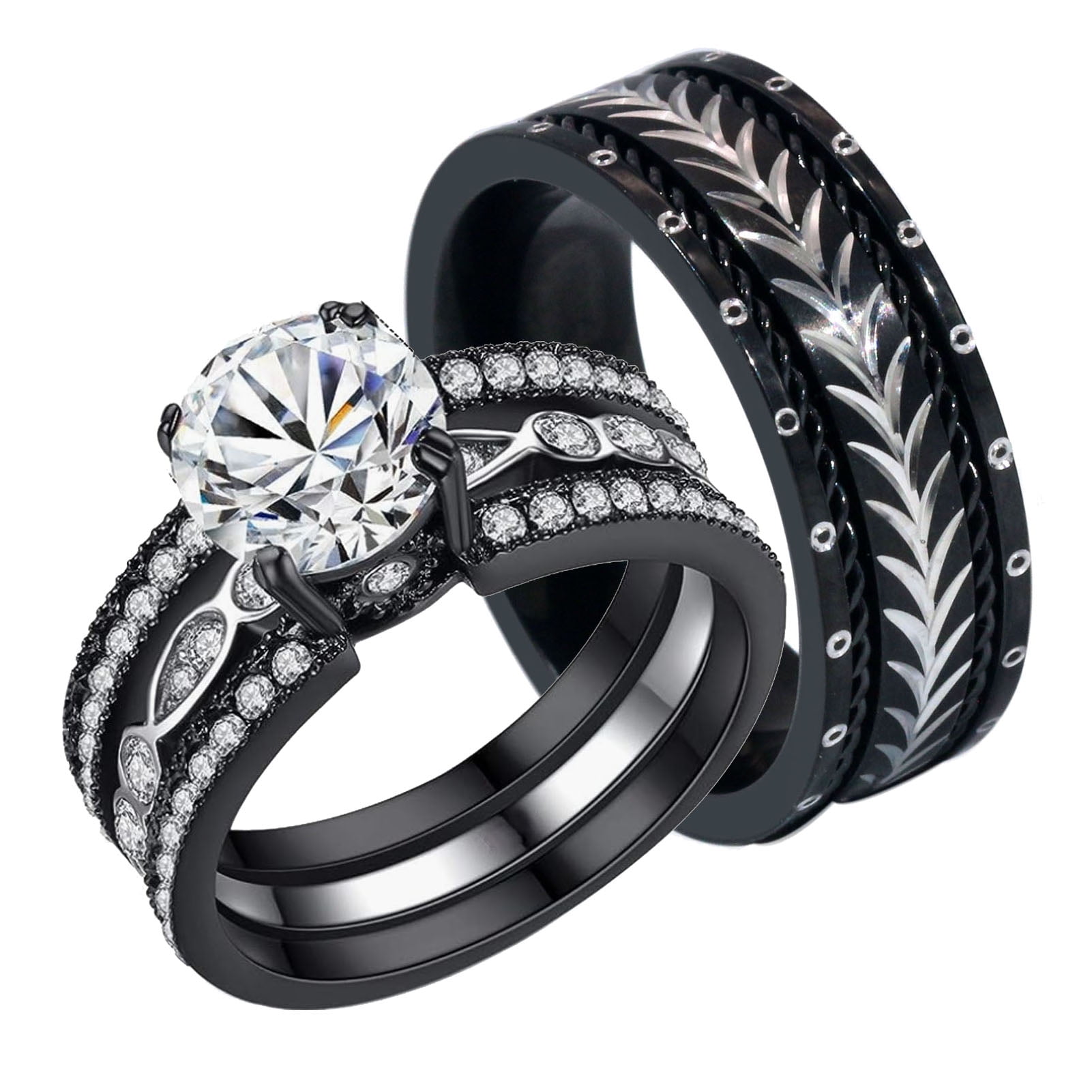 Couple Ring Bridal Set His Hers 10K Black Gold Filled AAA CZ Titanium