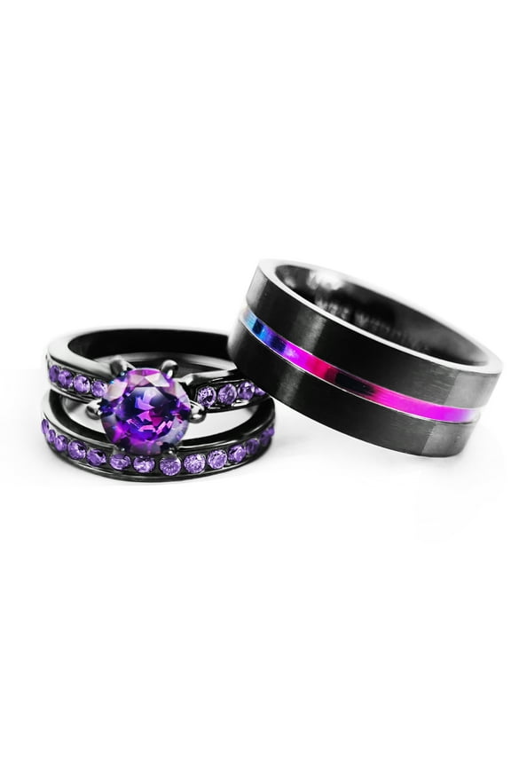 Couple Ring Bridal Set His Hers Black Gold Plated Amethyst Titanium Steel 10k Wedding Ring Band Set