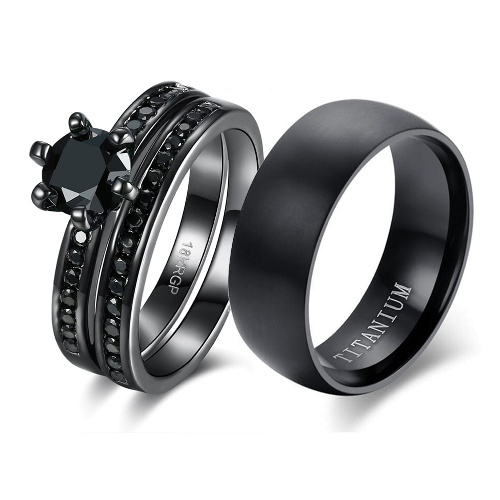 Couple Ring Bridal Set His Hers Black Gold Plated Cz Stainless Steel