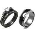 thumbnail image 1 of Couple Ring Set 3 PCS Womens Round Cut CZ Black IP Stainless Steel Wedding Ring Mens Two Tone Black Band- Size W7M13, 1 of 6