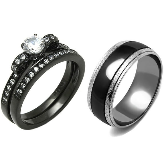Couple Ring Set 3 PCS Womens Round Cut CZ Black IP Stainless Steel Wedding Ring Mens Two Tone Black Band- Size W7M13