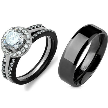 Couple Ring Set Womens Black Oval Cut CZ Wedding Ring Set Mens Two Tone ...