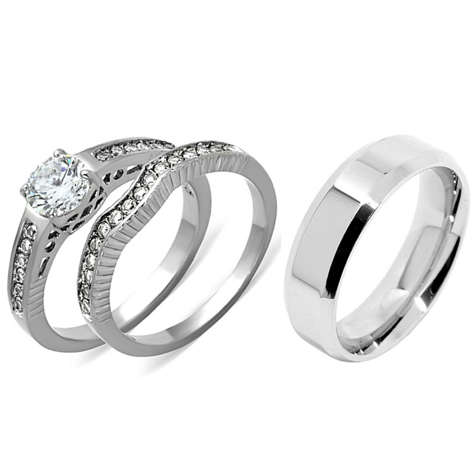 3 Pcs Couple Womens Princess Cut CZ Silver Stainless Steel Wedding Ring Set with Mens Matching Band 5 / 9