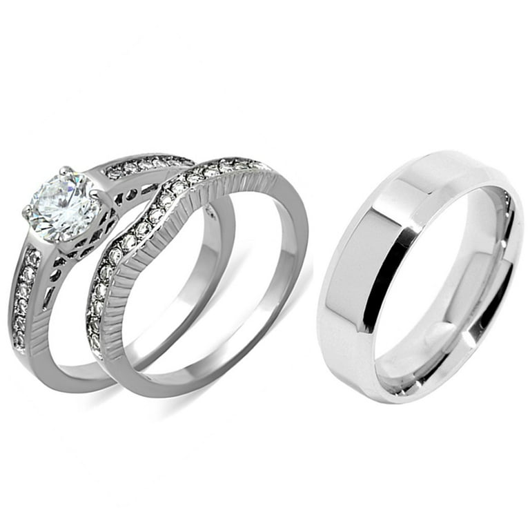 Couple Ring Set Womens 0.6 Ct Round CZ Stainless Steel Wedding