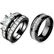Couple Ring Set Womens 3 Princess CZ Black Stainless Steel Wedding Ring Set Mens 7 CZ Band Size W6M10
