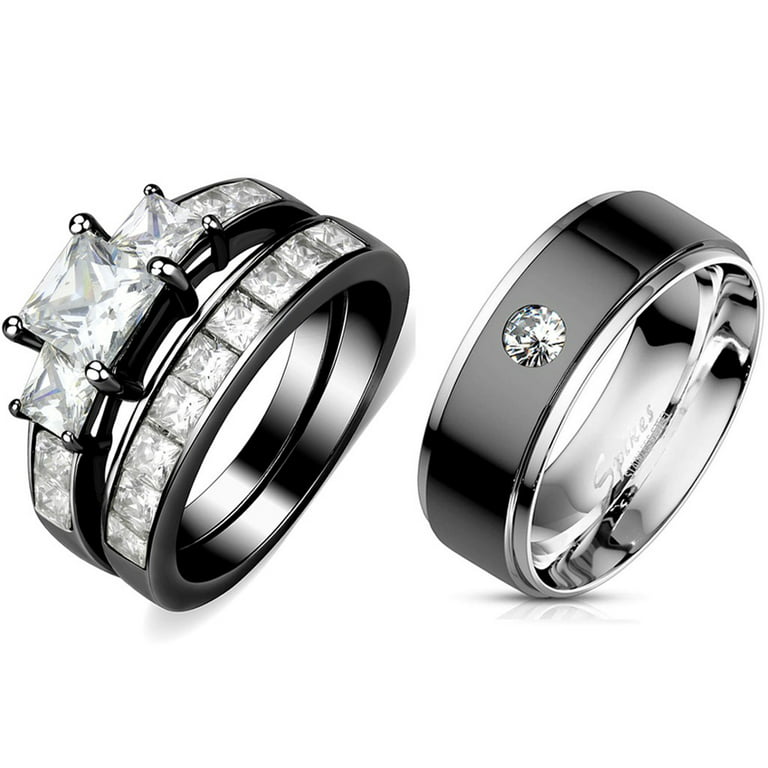 Couple Ring Set Womens 3 Princess CZ Black Stainless Steel Wedding