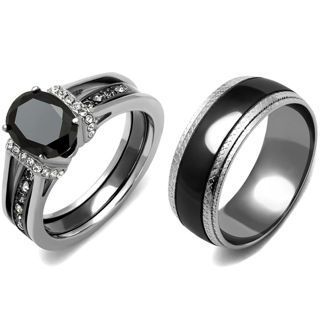 Couple Ring Set Womens Black Oval Cut CZ Wedding Ring Set Mens Two Tone ...